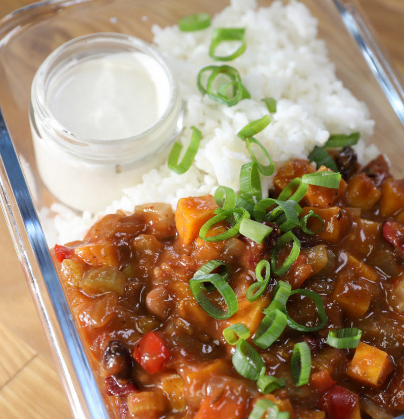 Sweet potato chili with cashew sour cream and rice